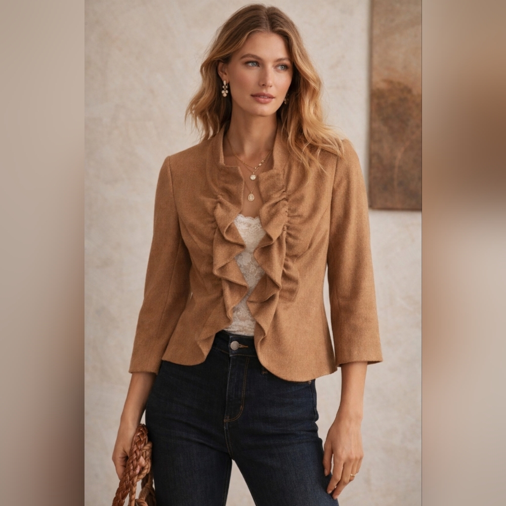 Tabitha Camel Ruffle Front Blazer Jacket